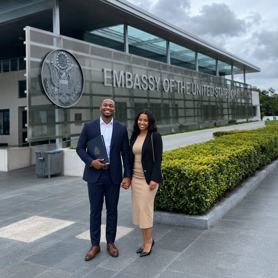 An African American couple in front of a U.S. embassy
