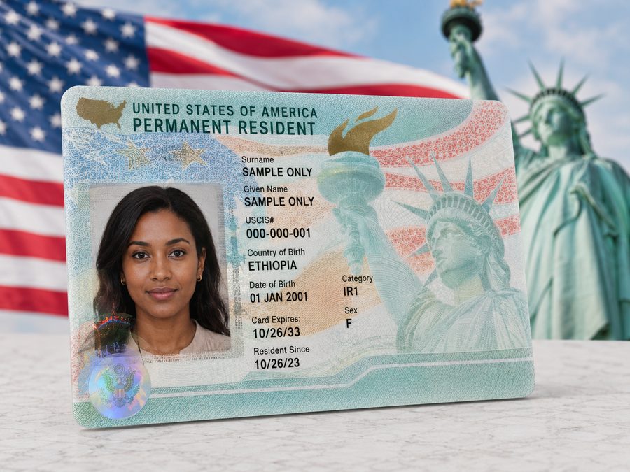 A U.S. Permanent Resident Card (green card), sample only
