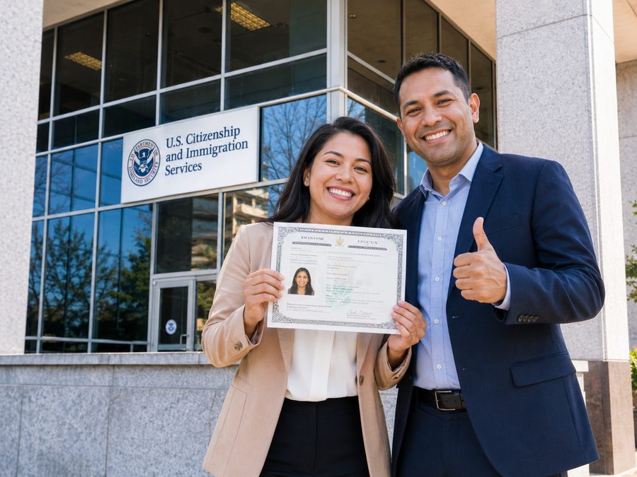 A couple holding a Certificate of Naturalization