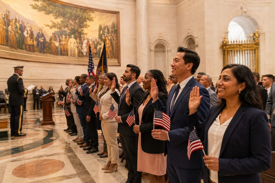 New citizens taking the Oath of Allegiance at a naturalization ceremony