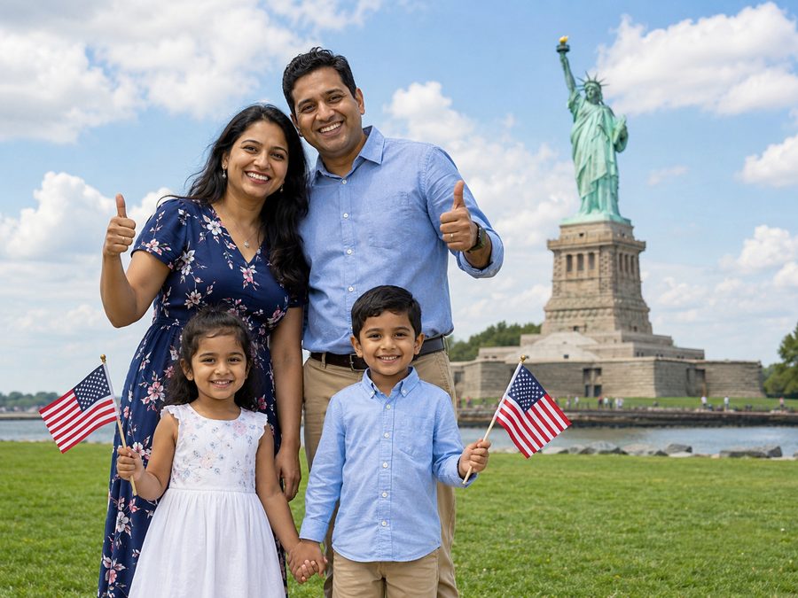 A family holding American flags at the Statue of Liberty